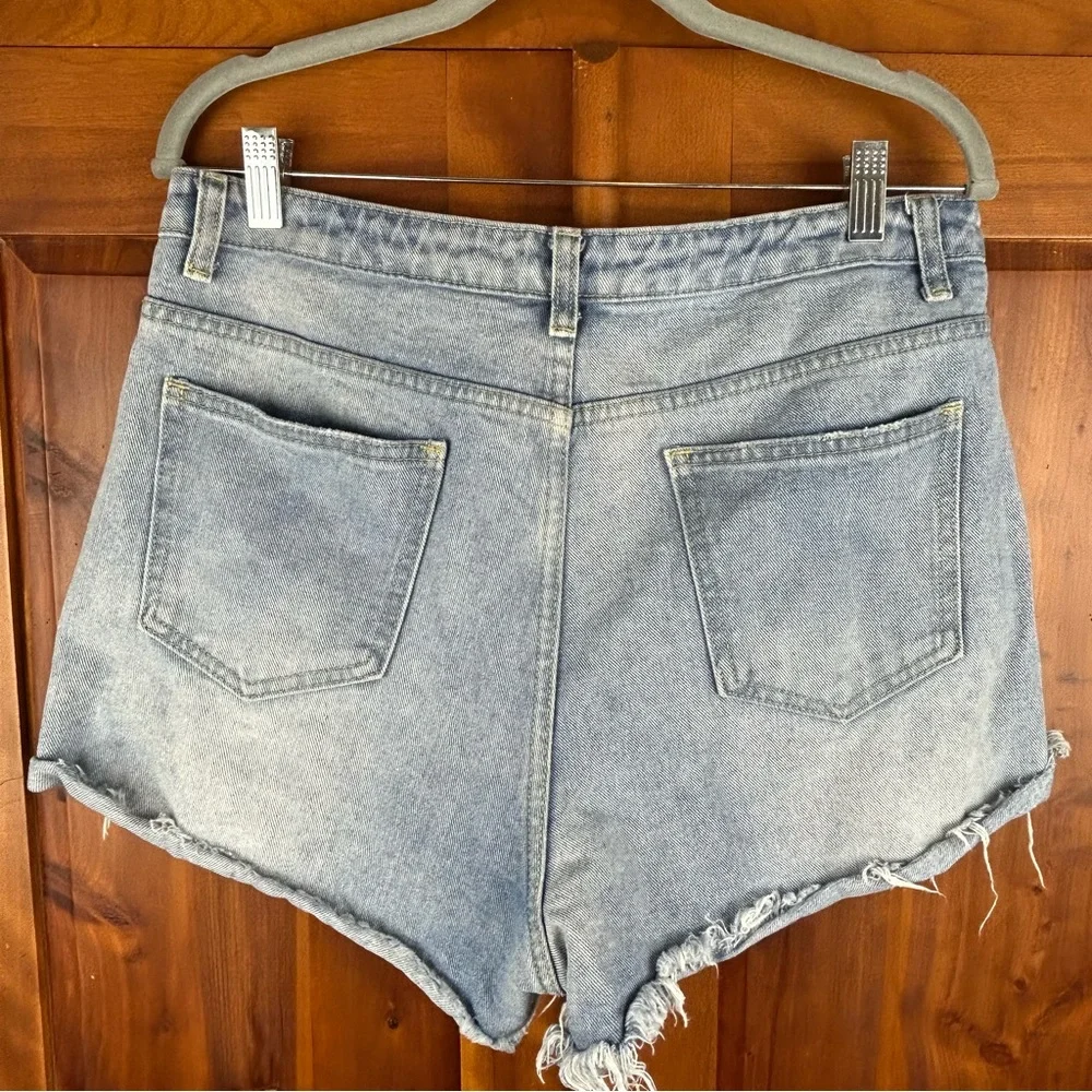 PRETTY LITTLE THING Distressed Denim Blue High Waist Shorts Festival Hippie